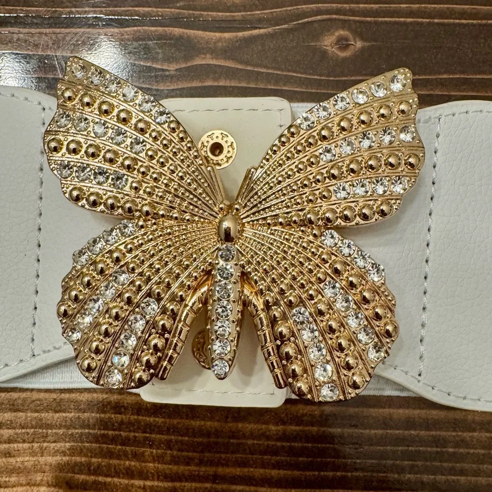 Gold Butterfly Embellished Wide Stretchy White Belt Size 1X‎